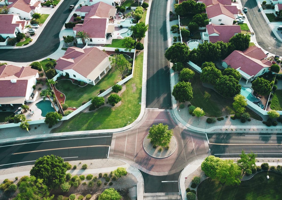 Overhead view of a residential intersection